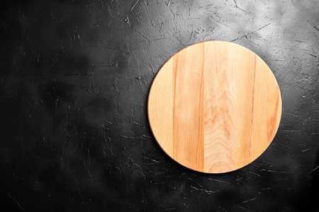 Cutting board on black stone table. Empty round beech wooden chopping board on dark background, top...