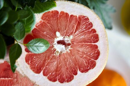 Grapefruit slice with juicy red flesh, closeup, top view. Fresh ripe grapefruit citrus fruit and blurred houseplant green leaves, selective focusの写真素材