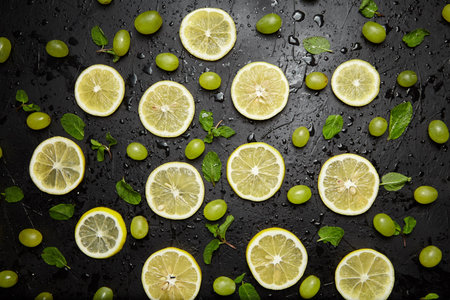 Lemon slices, green mint leaves and grapes on black background with water drops, top view. Fresh...