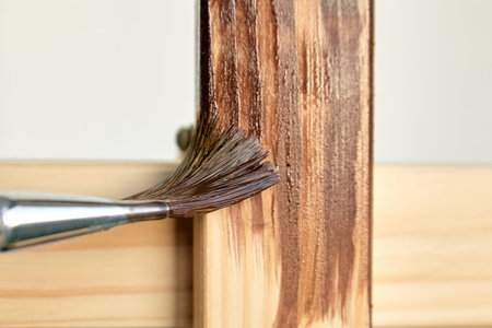 Protective acrylic varnish coating of wooden surface. Wood Finishing. Paintwork. A synthetic paint...