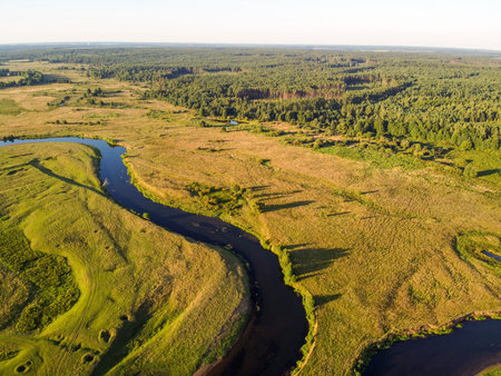 River, aerial view. Winding river and forest. Summer landscape, top view. A green valley with a...