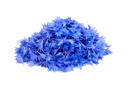 Herbal tea ingredient - fresh blue cornflower petals isolated on white, medicinal herb for herbal...
