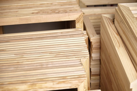 Stretcher bars, stack of wooden frames for canvases. Stacked subframes. Production wrap stretcher...