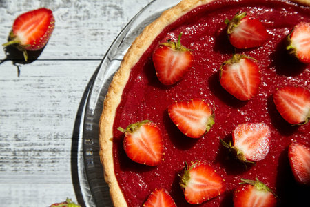 Strawberry pie decorated with fresh berries on gray wooden table background, closeup, top viewの写真素材