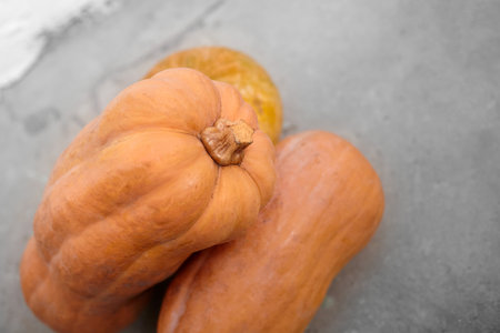 Pumpkins or butternut squashes on gray concrete background. Three whole sweet pumpkins (Cucurbita moschata), winter squash, selective focusの写真素材