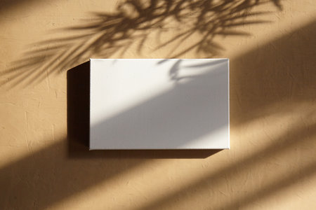 White cotton canvas. Blank canvas hanging on wall with sunlight and shadow of leaves. Mockup empty quote boardの写真素材