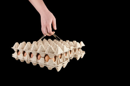 Chicken eggs in cardboard tray isolated on black background. Egg package in hand