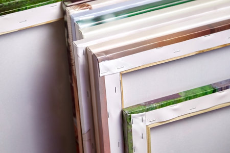 Canvas prints, stack of colorful photos with gallery wrapping method of canvas stretching on wooden stretcher bars. Samples of stretched photo canvases. Staple mount, back viewの写真素材