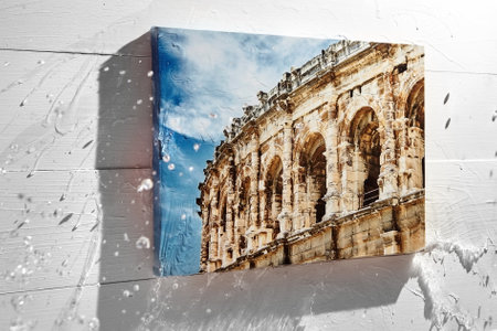 Canvas print with gallery wrap technique, water splash on white wooden background. Photo stretched on wooden bars, wall decor. Concept, protective coating or waterproof inkの写真素材
