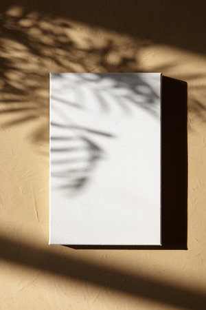 Mockup white canvas hanging on beige wall with dark shadows of leaves. Poster mockup, blank cotton...