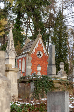 Lviv, Ukraine - January 2, 2020: Lychakiv cemetery at winter day. It is one of the oldest cemeteries in Ukraine. Necropolis with monuments and tombstonesのeditorial素材