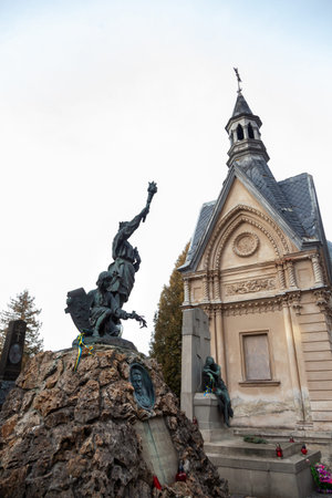 Lviv, Ukraine - January 2, 2020: Lychakiv cemetery at winter day. It is one of the oldest cemeteries...