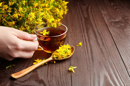 Hand with cup of medicinal herbs drink - Hypericum perforatum or st johns wort plant flowers tea on dark woden background, herbal medicineの写真素材