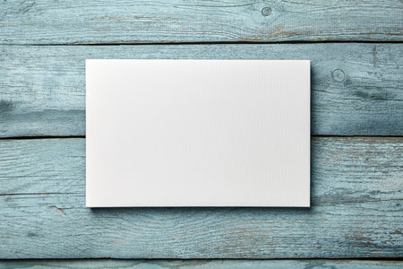 White canvas hanging on light blue wooden wall. Mockup, wall decor, blank canvas stretched on...