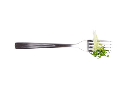 Microgreen sprouts, arugula shoots on fork isolated on white background, top view. Young micro green shoots, healthy plant food conceptの写真素材