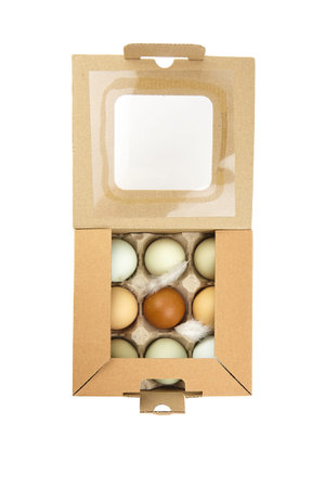 Chicken eggs in tray isolated on white background. Nine eggs in cardboard box, top view