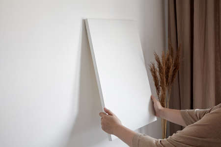 Blank canvas in female hands, picture mockup. Woman hanging canvas on white wall in interior with dry grass and beige curtainsの写真素材