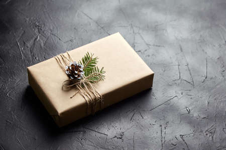 Gift box and green Christmas tree branch with cone on dark backgroundの写真素材