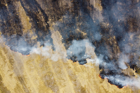 Aerial view of burning stubble with smoke in farm field