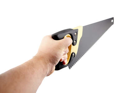 Hand saw with wooden handle and black blade isolated on white backgroundの写真素材