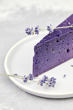Piece of lavender cheese with dry basil and lavender flowers in plate on gray concrete table