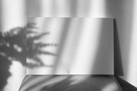 Blank canvas mockup on shelf on wall with shadows. White cotton canvas