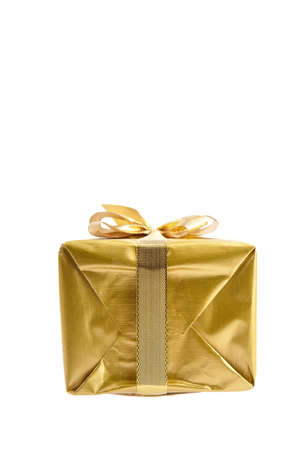 Gift box with golden bow isolated on white backgroundの写真素材