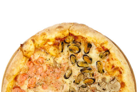 Seafood Pizza with mussels and shrimps on wooden cutting board isolated on white background top viewの写真素材