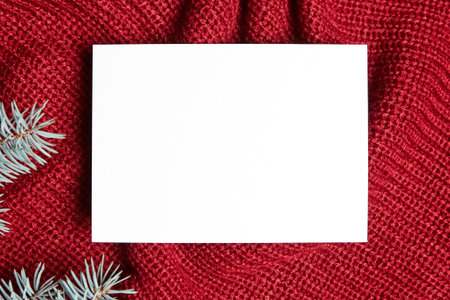 Christmas greeting card mockup with green fir tree branches on red winter knitted pullover...