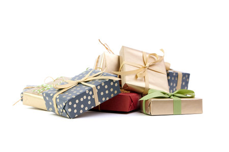 Christmas gift boxes isolated on white background. Wrapped gift boxes for holiday presents