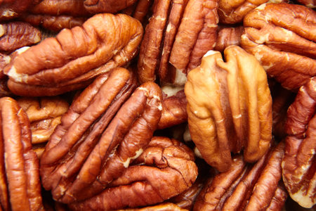 Pecan nuts kernel texture background closeup. Heap of peeled pecan halves macro. Up close, pecans...