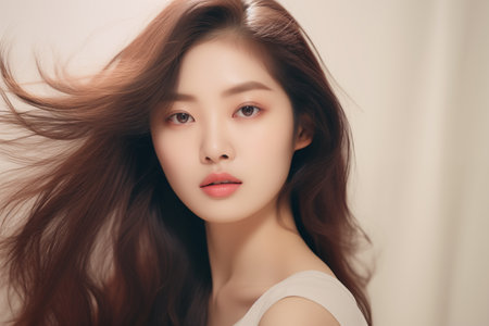 beautiful asian woman with long brown hair and skin care conceptの素材