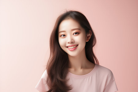 Beautiful young Asian woman with clean fresh skin on pink background, Face care, Facial treatment, Cosmetology, beauty and spa, Asian women portrait.の素材
