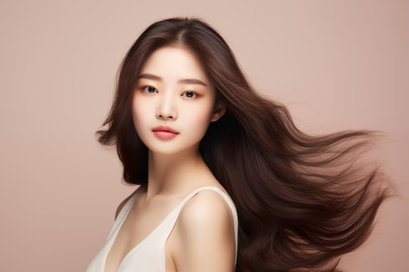 Beautiful young Asian woman with clean fresh skin, on beige background, Asian beautyの素材
