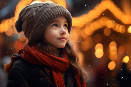 Portrait of a little girl in a hat and scarf on the background of Christmas decorationsの素材