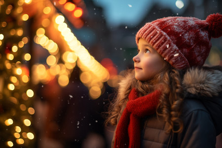 Adorable little girl at Christmas marketの素材