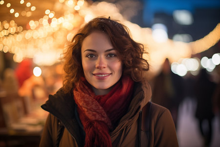 Portrait of a beautiful young woman at Christmas market in the cityの素材
