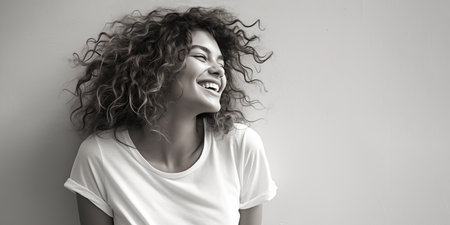 Portrait of beautiful young woman with curly hair on gray background.の素材