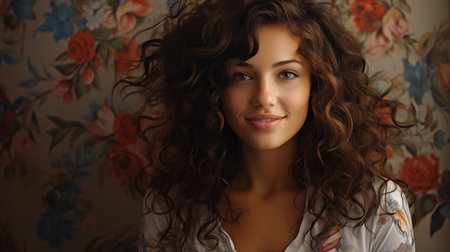 Portrait of a beautiful young woman with curly hair on a wall backgroundの素材
