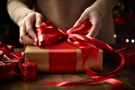 Hands wrapping christmas gift with red ribbon on wooden table.の素材