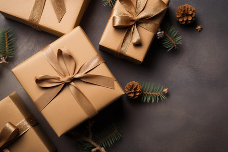 Gift boxes and fir tree branches on dark background. Top view with copy spaceの素材