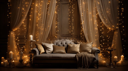 Luxury interior of the living room with a sofa, candles and garlandsの素材