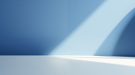 Blue wall with shadows in empty room. Geometric shadow on light blue wall. Minimal interior backgroundの素材