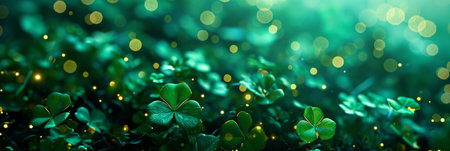 A shiny texture with green clovers on a dark green background, festive glow, background for St. Patrick's Dayの素材