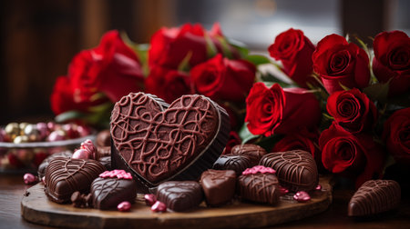 Red roses and gourmet heart-shaped chocolates set a romantic scene for love celebrationsの素材
