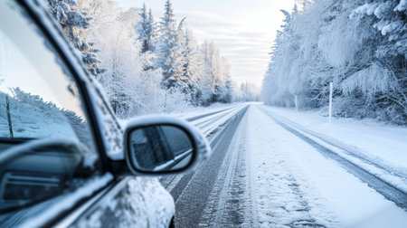 Side view of a car driving cautiously on a road covered with ice and snow, surrounding trees frosted over, embodied dangerous winter travelの素材