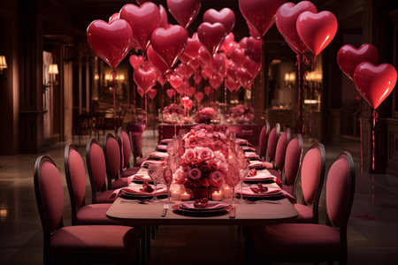 Luxury and love intertwine in this stunning dinner arrangement adorned with red balloons and rosesの素材