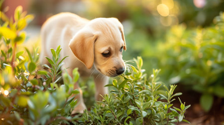 An adorable puppy exploring a garden, sniffing around plants and bushes, curious and happy. Soft natural light, peaceful garden setting, a sense of discoveryの素材