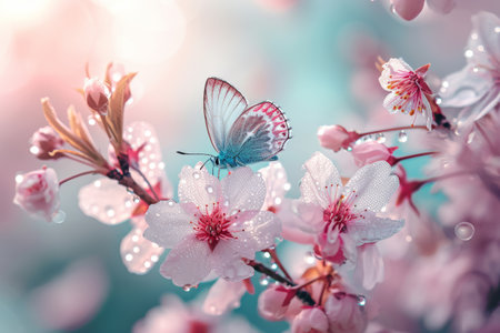 Close-up colorful butterflies fluttering around pink and white blossoming branches with dew water drops on flowers, spring backgroundの素材