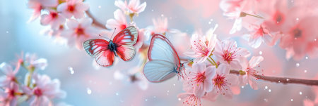 Close-up colorful butterflies fluttering around pink and white blossoming branches with dew water drops on flowers, spring backgroundの素材